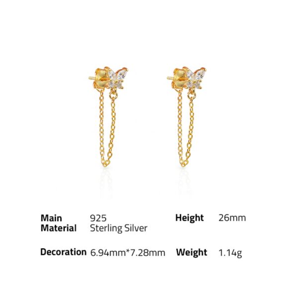 Chris April fine jewelry in stock 925 sterling silver gold plated Custom vermeil butterfly charm chain earring with zircon - Image 6