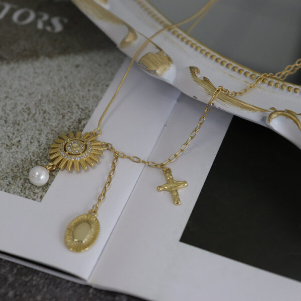 Chris April In stock 14k gold plated 925 sterling silver vintage sun flower cross necklace with zircon - Image 5