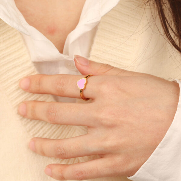 Chris April minimalist 316L stainless steel 18k PVD gold plated enamel pink heart signet finget ring - Image 4