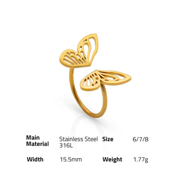 Chris April in stock fashion jewelry PVD gold plated 316L stainless steel Personalized Butterfly open ring - Image 6