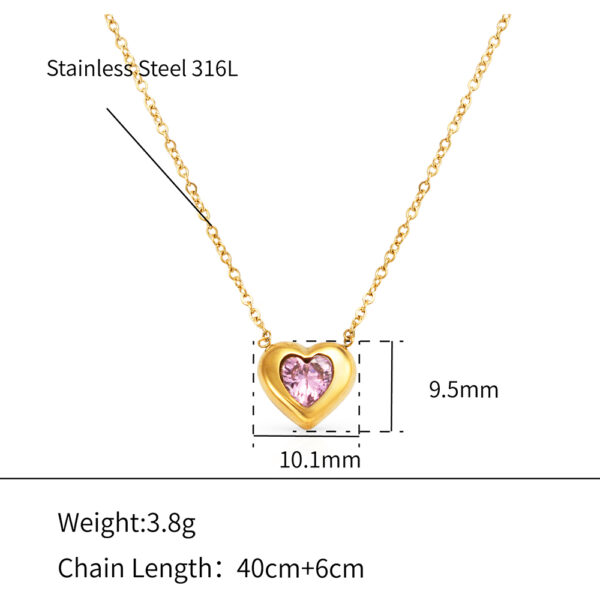 Chris April minimalist 316L stainless steel PVD gold plated heart shape pendant pink zirconia necklace - Image 6