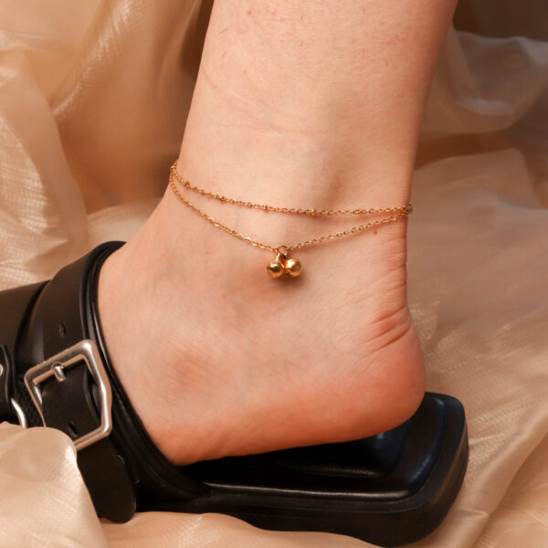 Chris April 18k PVD gold plated 316L stainless steel stacking beads bells double layers satellite chain anklet - Image 3