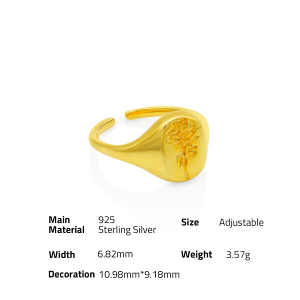 Chris April Fine jewelry 925 sterling silver gold plated carving flower rose mirror signet adjustable ring - Image 6