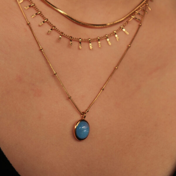 Chris April in stock PVD gold plated 316L stainless steel Minimalist Blue oval aquamarine pendant necklaces with snake chain - Image 5