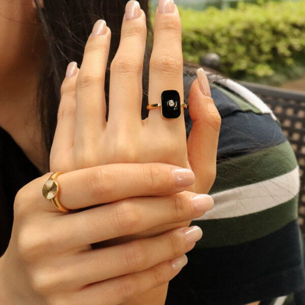 Chris April in stock dainty jewelry PVD gold plated 316L stainless steel black enamel ring  with zircon - Image 3