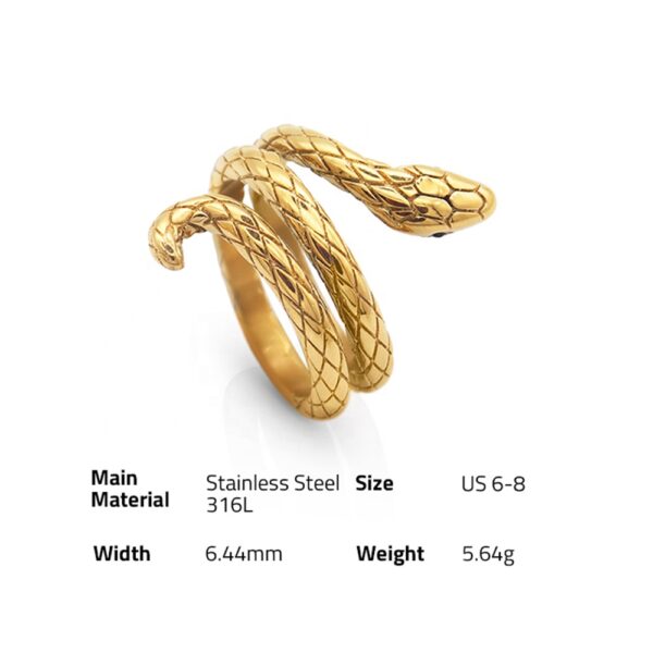 Chris April stylish jewelry in stock PVD gold plated 316L stainless steel water proof twisting snake shape finger ring - Image 6