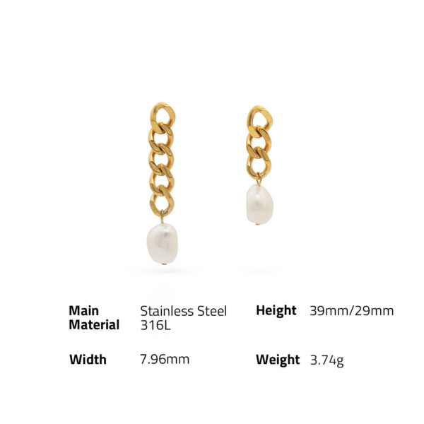 Chris April fashion 316L Stainless Steel PVD plated asymmetry chain freshwater baroque pearl earrings - Image 6