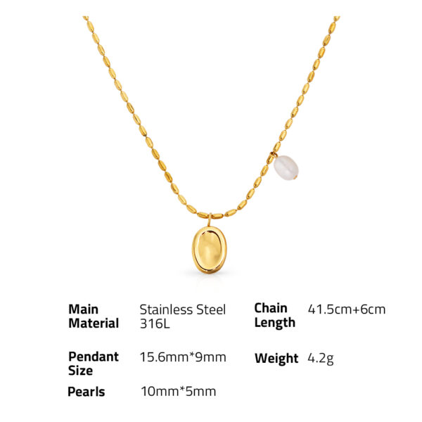 Chris April PVD gold plated 316L stainless steel natural freshwater pearl oval shape pendant bead chain necklace - Image 6