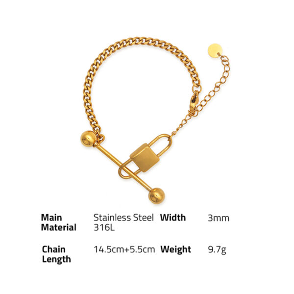 Chris April fashion design 316L stainless steel simple PVD gold plated personalized lock and balance bar charm bracelet - Image 6