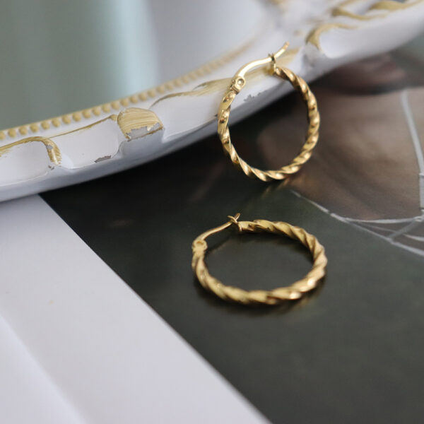 Chris April in stock 316L Stainless Steel PVD gold plated Spiral pattern Twist circle hoop earring for women - Image 4