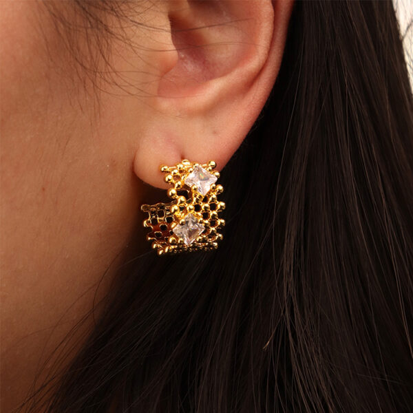 Chris April brass lacy wide zircon set C shape hoops earrings - Image 5