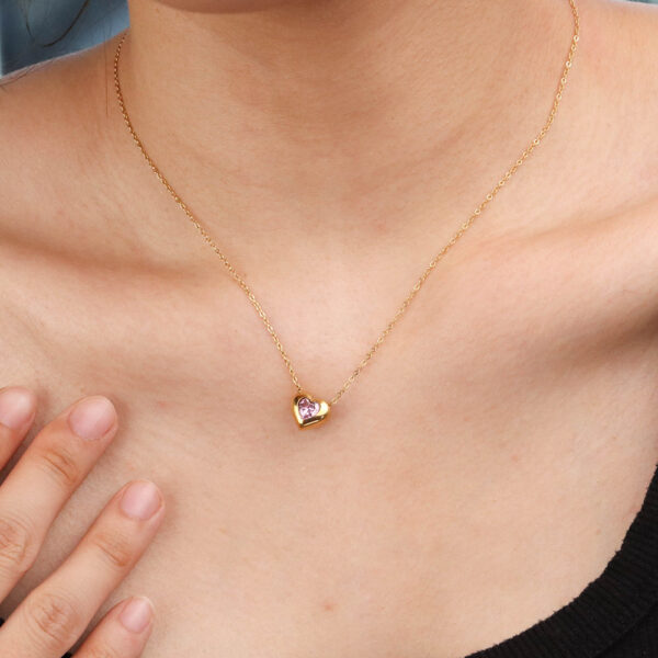 Chris April minimalist 316L stainless steel PVD gold plated heart shape pendant pink zirconia necklace - Image 5