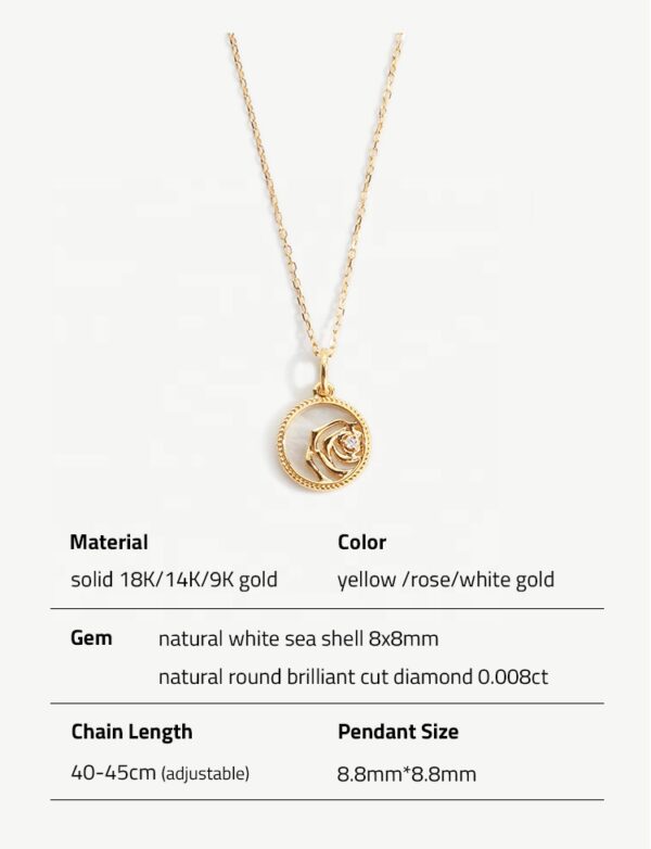 Chris April solid real gold 14k white sea shell jewelry round rose cameo charm pendant necklace - Image 6