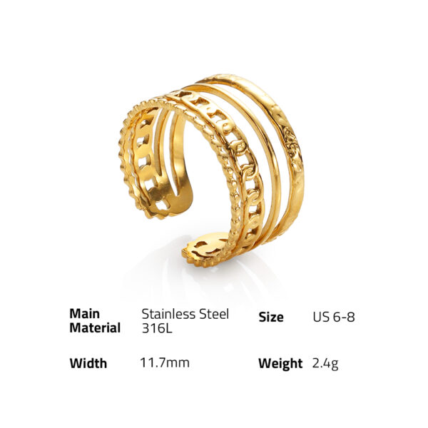 Chris April in stock 316L stainless steel PVD 18K gold plated non-tarnish minimalist four-layer chain wide ring - Image 6