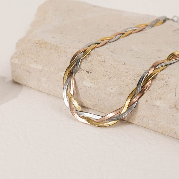 Chris April stainless steel 18k PVD three gold twisting herringbone choker necklace - Image 3