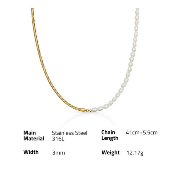 Chris April PVD gold plated 316L stainless steel bohemian style half cultured freshwater pearl and round snake chain necklace - Image 6