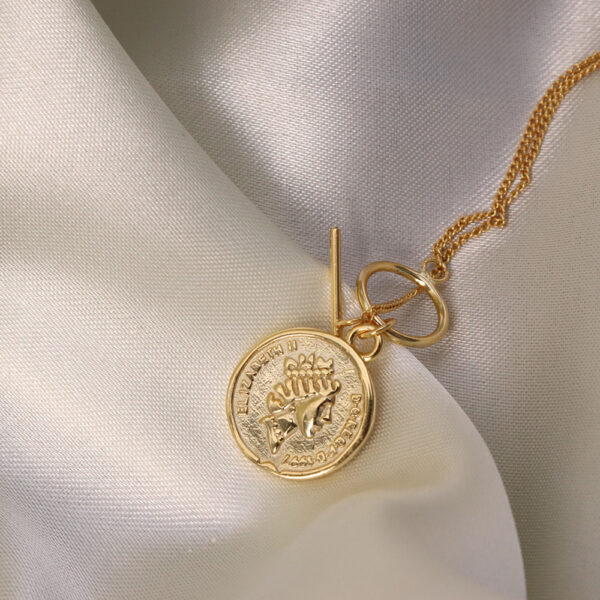 Chris April 925 sterling silver gold plated Antique Design medallion Coin Pendant Necklace with T-bar - Image 4