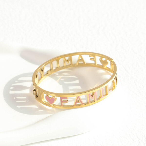 Chris April in stock 316L stainless steel PVD gold plated letters FAMILY hollow out cuff bracelet - Image 4