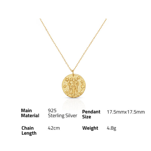 Chris April 925 Sterling silver gold plated Relief Fantasy Baroque zodiac sign gemini pendant necklace for women - Image 6