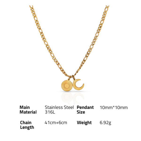 Chris April in stock 316L stainless steel PVD gold plated water resistant sun and moon pendant necklace with figaro chain - Image 6