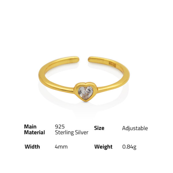 Chris April trendy 925 sterling silver gold plated luxury micro-inlaid heart zircon adjustable ring - Image 6