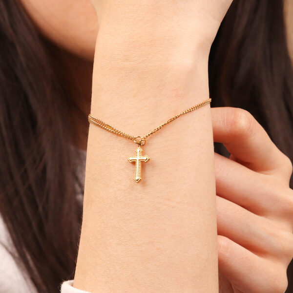 Chris April  in stock 316L stainless steel 18k PVD gold plated vintage cross charm double-layers chain bracelet - Image 5