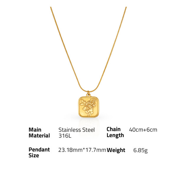 Chris April in stock 316L stainless steel PVD gold plating rose flower square pendant snake chain necklace - Image 6