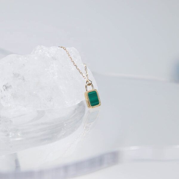 Chris April solid gold 18k 14k  9k natural malachite lock hand bag design jewelry pendant necklace - Image 4