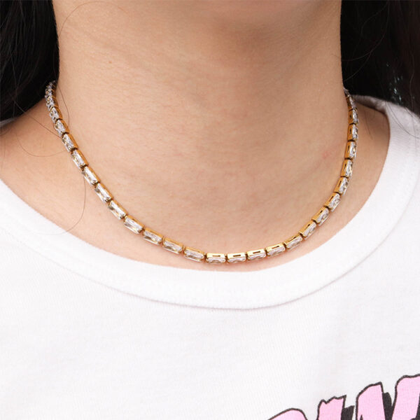 Chris April 316L stainless steel PVD gold plated emerald cut zircons tennis chain necklace - Image 6