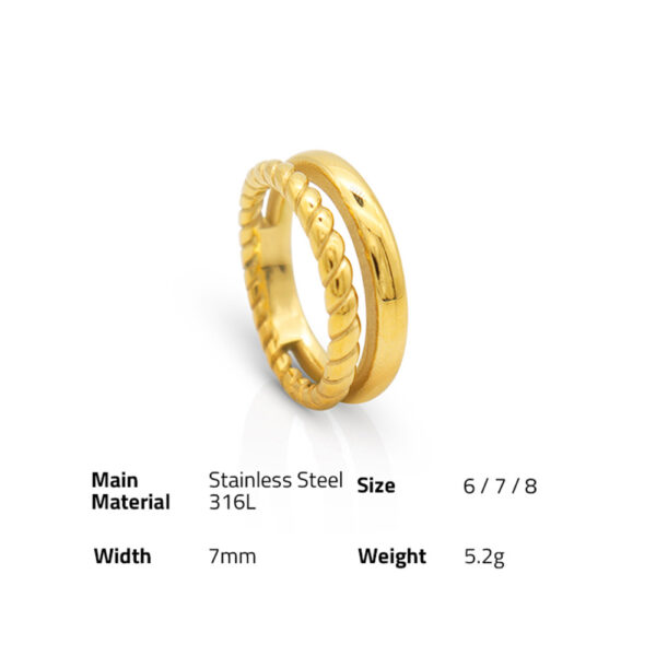 Chris April Korean version fashion jewelry 316L stainless steel gold plated double twist simple minimalist finger ring - Image 6