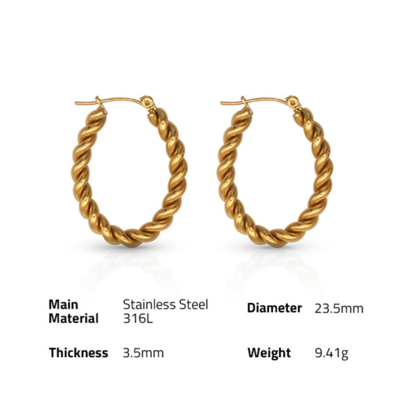 Chris April in stock fashion jewelry 316L Stainless Steel PVD gold plated minimalist rope oval hoop earring - Image 6