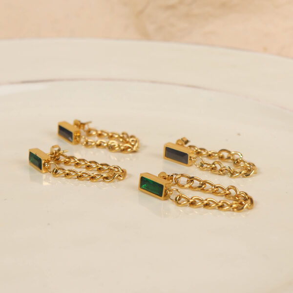 Chris April In Stock Fashion Jewelry 316L Stainless Steel PVD gold plated minimalist Emerald zircon tassels chain earrings - Image 3