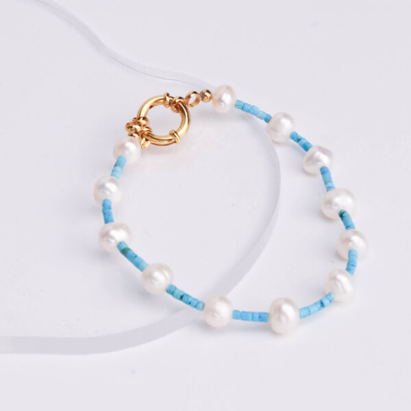 Chris April 316L stainless steel 18k PVD gold plated freshwater pearl natural turquoise beads rudder clasp bracelet - Image 4