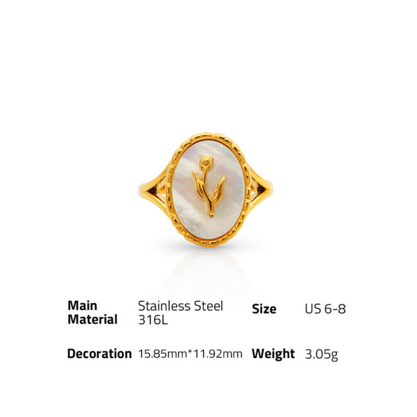 Chris April Vintage 316L stainless steel PVD gold plating resizable natural shell tulip flower signet ring - Image 6