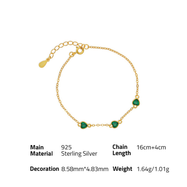 Chris April charm 925 sterling silver gold plated olivine emerald heart pendant bracelet - Image 6