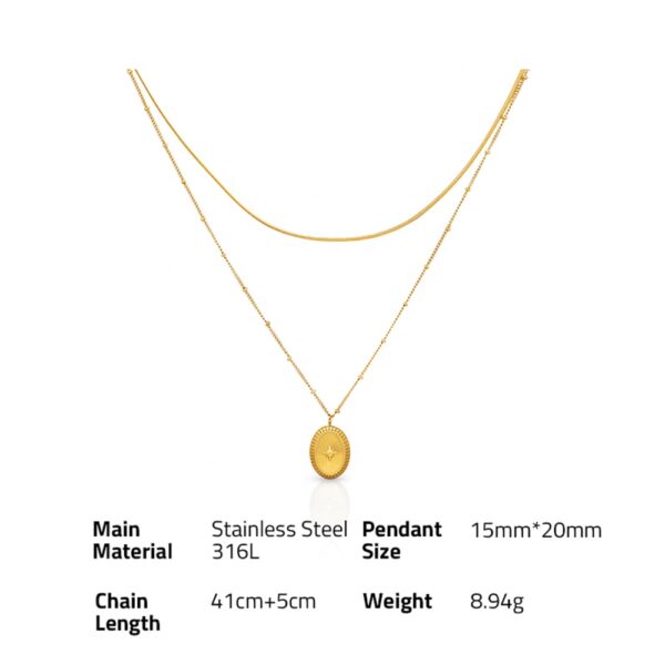 Chris April PVD gold plated 316L stainless steel Double layered Overlap snake chain Eight-pointed star ellipse pendant necklace - Image 6