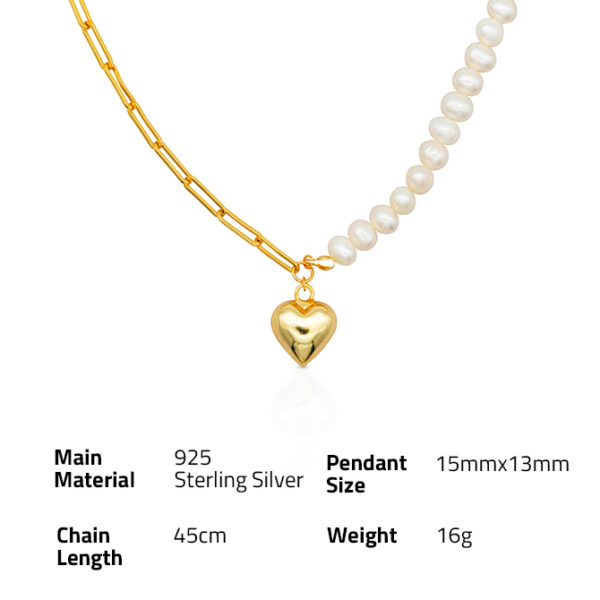 Chris April 925 sterling silver gold plated 18k gold pearl and link heart chain necklace for women - Image 6