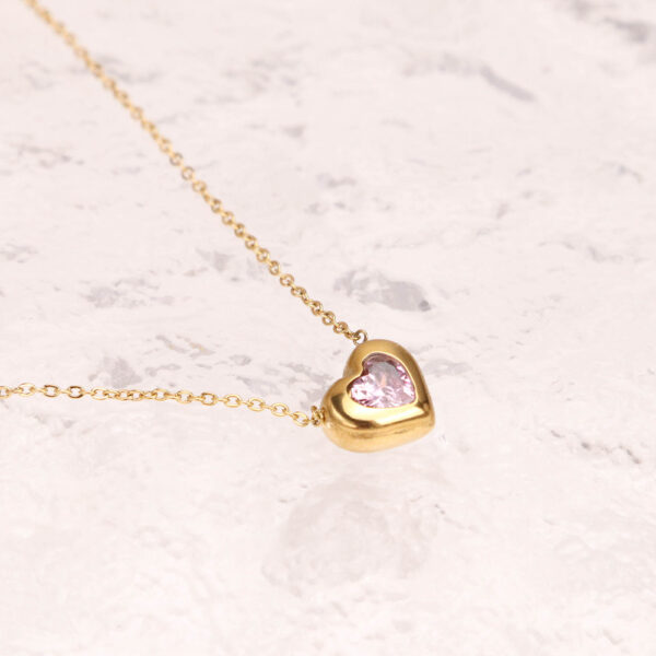 Chris April minimalist 316L stainless steel PVD gold plated heart shape pendant pink zirconia necklace - Image 4