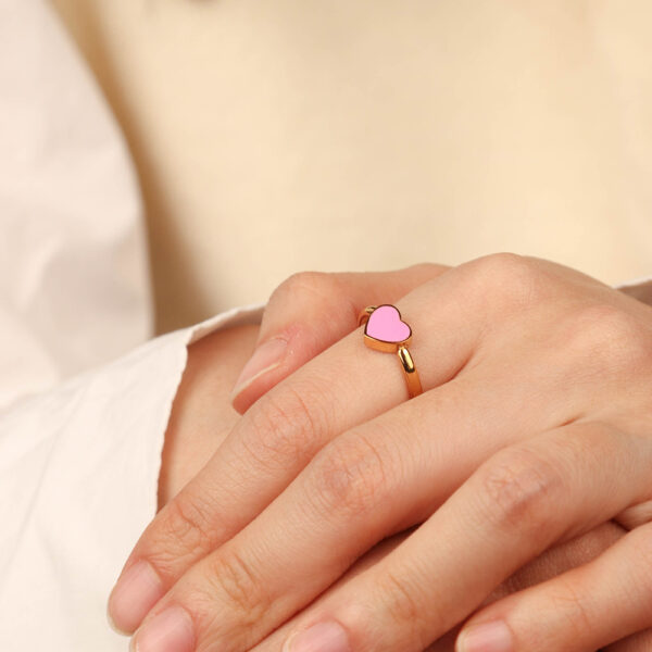 Chris April minimalist 316L stainless steel 18k PVD gold plated enamel pink heart signet finget ring - Image 3