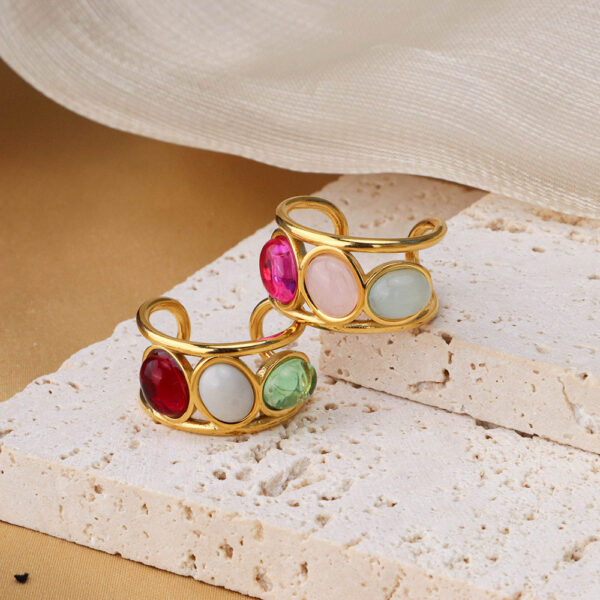 Chris April 316L stainless steel band ring gold colorful gems hollowed-out chunky rings - Image 4