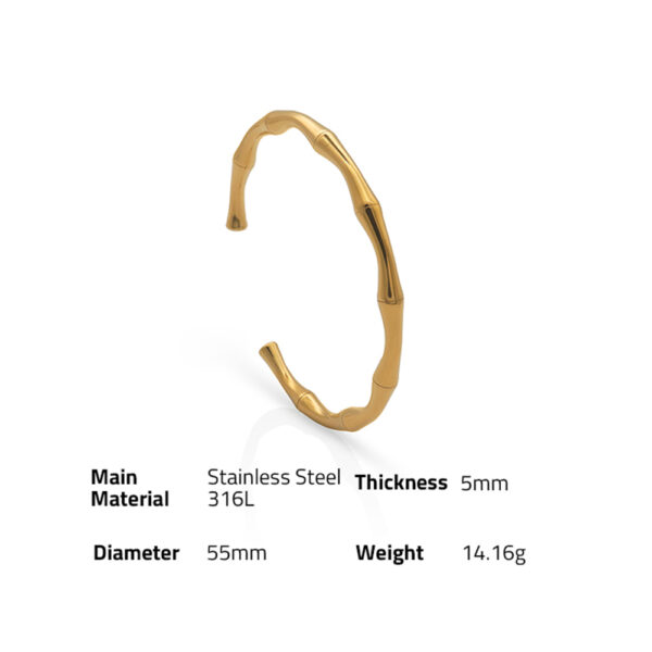 Chris April fashion jewelry simple design 316L Stainless steel PVD gold plated Bamboo shape open cuff bracelet - Image 6