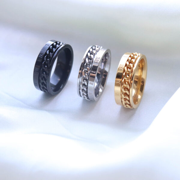 Chris April in stock fashion jewellery PVD gold plated 316L stainless steel roman numbers chain men band ring - Image 5