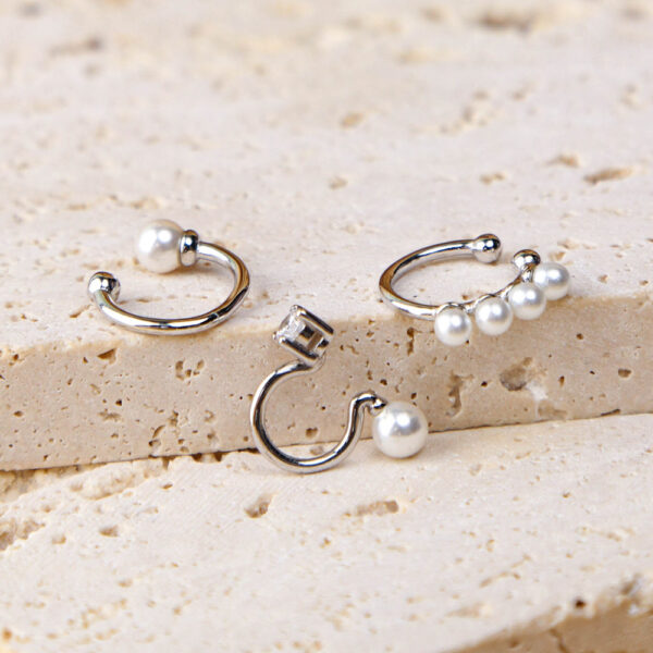 Chris April 925 sterling silver rhodium plated no piercing imitation single pearl ear cuff earrings sets - Image 6