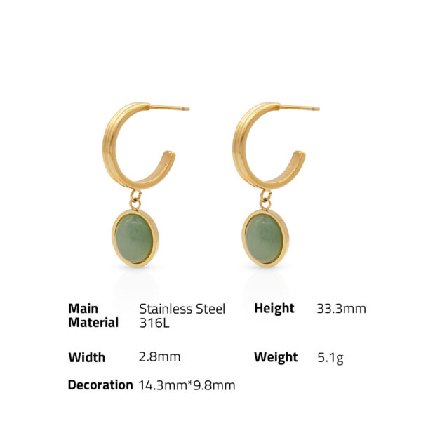 Chris April fashion jewelry 316L stainless steel 18k PVD gold plated natural stone gem green jade drop stud earrings - Image 6