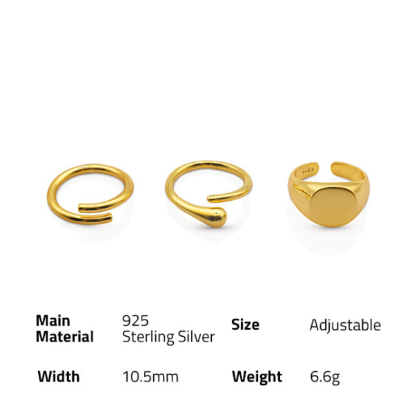 Chris April trendy 925  sterling silver gold plated  adjustable fashion signet rings set - Image 6