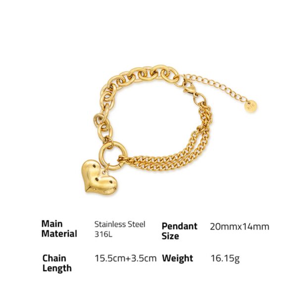 Chris April fashion jewellery 316L Stainless steel PVD gold plated love almond heart charm heavy chain bracelet - Image 6