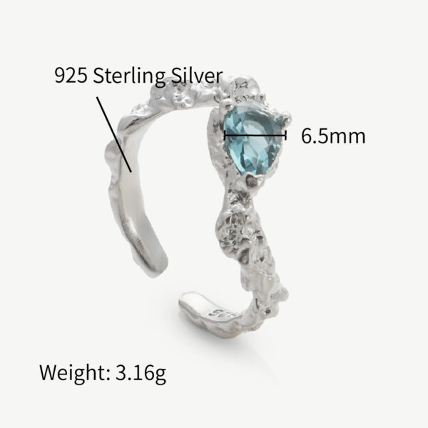 Chris April silver plated 925 sterling silver organic texture pear cut aquarmarine zircon ring - Image 5