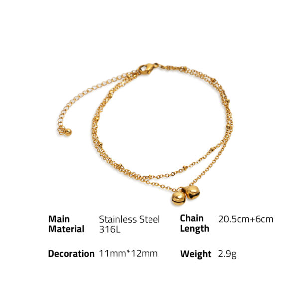 Chris April 18k PVD gold plated 316L stainless steel stacking beads bells double layers satellite chain anklet - Image 6