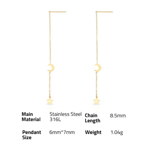 Chris April In Stock Fashion Jewelry 316L Stainless Steel PVD gold plated minimalist moon and star drop chain earrings - Image 6