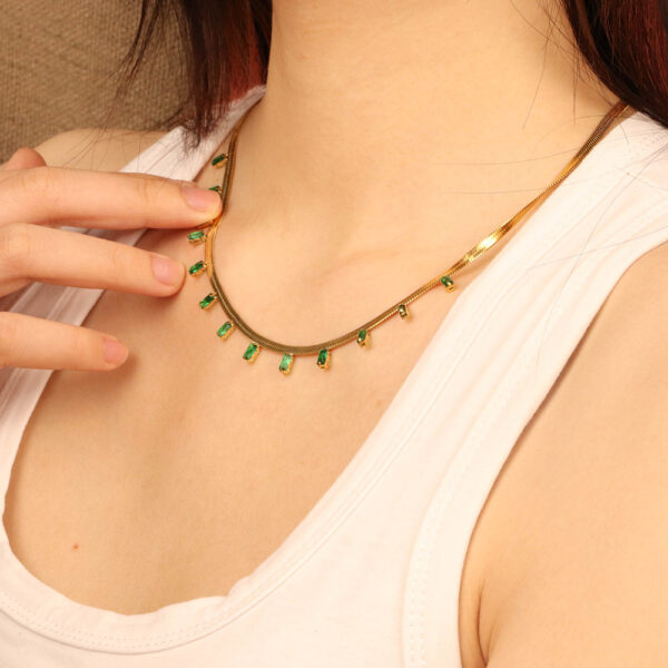 Chris April in stock 316L Stainless steel PVD plated emerald green zircon herringbone chain necklace - Image 5